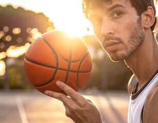 A young man gazes intensely at the camera, holding a basketball aloft against a bright, sunlit background. He is on a court
