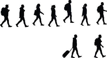 Fototapeta premium Silhouette vector illustration of walking people with backpacks and luggage, perfect for travel, tourism, journey, lifestyle, and outdoor adventure designs