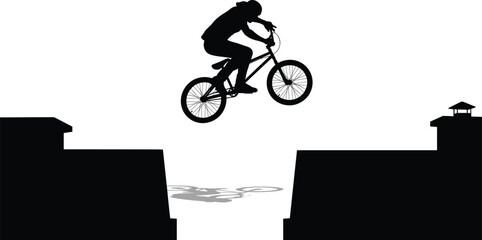 Obraz premium Silhouette vector of BMX cyclist performing dangerous extreme jump across gap between two buildings showcasing freestyle stunt action urban sport adventure.