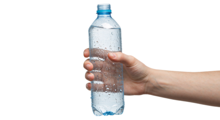 Hand holding water bottle with condensation — isolated hydration concept for fitness and lifestyle ads
