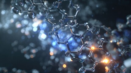 Hyper-realistic CGI animation, a mesmerizing macro view of Lanthanum's crystalline atomic structure floating in a dark digital void. 