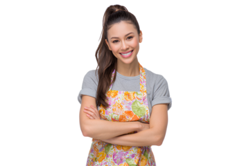 Cheerful Asian Woman in Floral Apron Smiling with Arms Crossed Professional Culinary Expertise and Confident Food Preparation