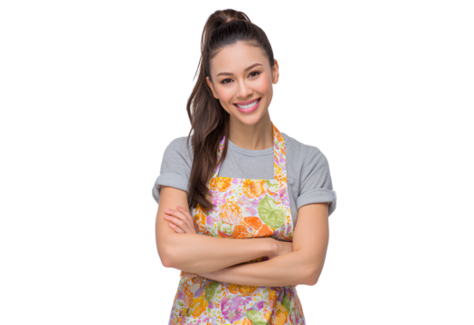 Cheerful Asian Woman in Floral Apron Smiling with Arms Crossed Professional Culinary Expertise and Confident Food Preparation