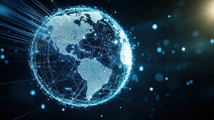 Obraz premium A digital representation of the Earth, showcasing a network of interconnected nodes and lines, symbolizing global connectivity and technology.