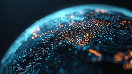 A glowing abstract representation of a globe, showcasing a network of illuminated dots in blue and orange, symbolizing data and connectivity.