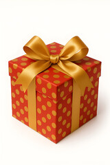 Obraz premium Elegant red Christmas gift box tied with a luxurious golden ribbon bow, ideal for holiday presents, seasonal packaging, and Christmas photography props.