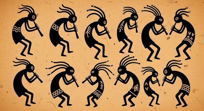Kokopelli Flute Player Silhouettes on Tan Background, Native American Art.