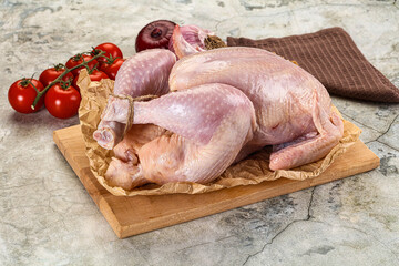 Fresh whole raw chicken over board