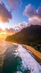 Aerial view of a stunning coastline at sunset. Gentle waves meet a golden beach, shadowed by a lush green mountain range beneath a colorful, cloud-filled sky