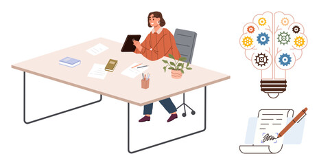 Person at desk using tablet, surrounded by papers and stationery. Adjacent icons depict creativity with a gear lightbulb and digital agreement with a pen. Ideal for innovation, productivity, remote