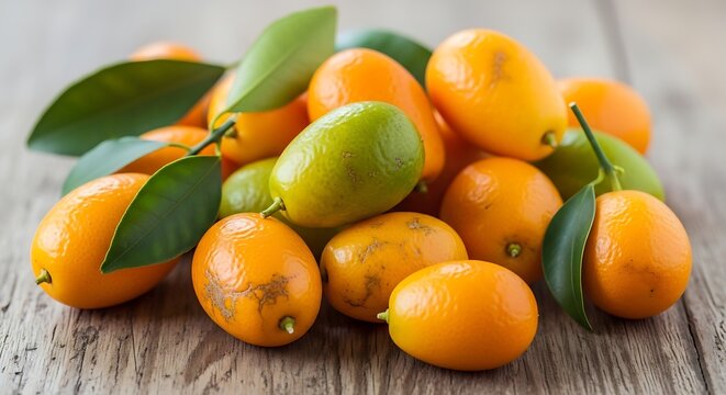Freshly picked kumquats with green leaves on a rustic wooden table.