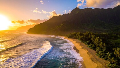 Aerial view of a sunlit beach with waves crashing on the shore, mountains in the backdrop, and vibrant sunset hues