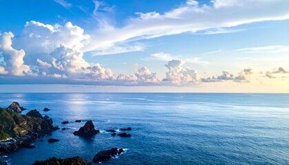 Aerial view of a tranquil ocean scene with dramatic cloud formations and rocky coastline, showcasing natural beauty