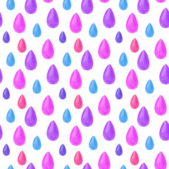 Seamless pattern with pink and purple drops, drawn with colored pencils. Drawing of multicolored raindrops on a white background. Seamless background for nursery wallpaper, packaging, textiles