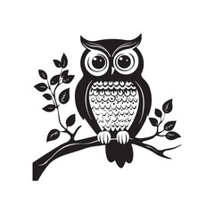 Owl sitting on branch silhouette, majestic nocturnal bird, peaceful forest night, elegant wildlife design, mysterious nature illustration, perched owl artwork, wild bird vector.