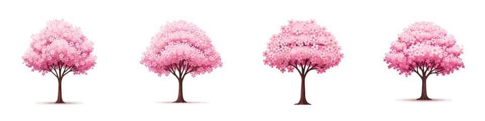 Obraz premium Four stylized illustrations of pink cherry blossom trees with brown trunks and branches, set against a white background.