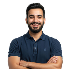 Obraz premium A smiling young man with a beard and short dark hair wearing a dark blue polo shirt with arms crossed isolated on transparent background