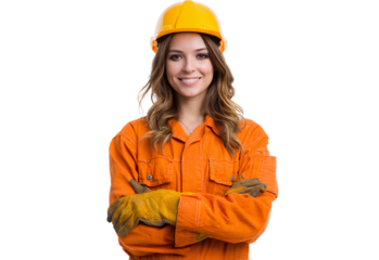 Confident Female Construction Worker Posing: Close-Up of a Smiling Engineer Wearing a Yellow Safety Helmet