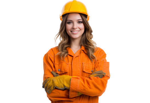 Confident Female Construction Worker Posing: Close-Up of a Smiling Engineer Wearing a Yellow Safety Helmet
