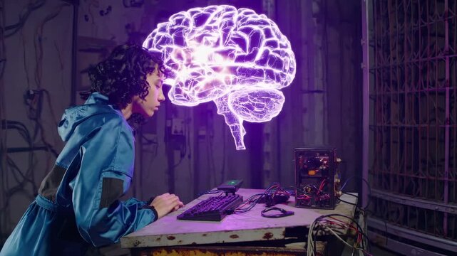 subject in coverall types on keyboard next to computer. hologram brain projection floats above wire and workbench. technology module connects to power unit. equipment occupies industrial corner.