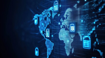 A digital representation of a global network with security locks, highlighting cybersecurity and data protection across continents.