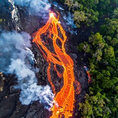 Aerial view of a vibrant, fiery river of molten rock flowing down a black landscape, creating a dramatic natural display with smoke and foliage