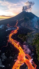 Aerial view of a volcanic eruption. Molten lava flows down the mountainside towards lush, green forest and a clouded sky