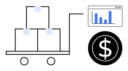 Boxes stacked on a cart, financial chart, and dollar sign highlighting logistics, shipping, and profit. Ideal for business, e-commerce, warehousing trade supply chain economy planning. A simple