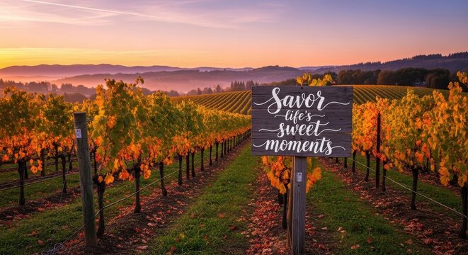 Vineyard landscape with autumn colors and inspirational sign