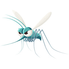 Cartoon Mosquito with Angry Eyes and Translucent Wings Flying Isolated on White Background