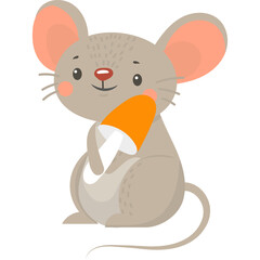Cartoon Mouse Holding a Carrot With Big Ears and Pink Cheeks Cute Animal Illustration Transparent Background