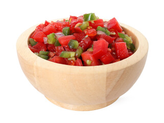 Tasty salsa in bowl isolated on white