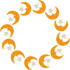 Christmas wreath with moon and stars, decorative border doodle style isolated on white background