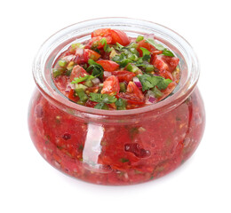 Tasty salsa in jar isolated on white