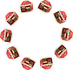 Christmas wreath with red decorative house, card border doodle style isolated on white background