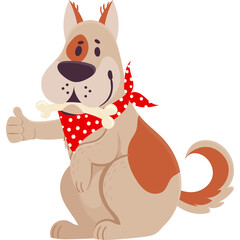 Cartoon Dog Mascot Giving Thumbs Up Holding Bone Wearing Red Polka Dot Bandana Translucent Background