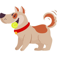 Cartoon dog mascot with brown and white fur wearing a red collar holding a yellow tennis ball in its mouth with its tail wagging on a transparent background