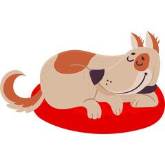 Cartoon dog mascot resting peacefully on a red cushion with eyes closed a happy expression and floppy ears on a transparent background
