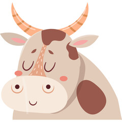 Cartoon Cow with Light Brown Horns and Spots Gentle Eyes Smiling Face Cute Illustration
