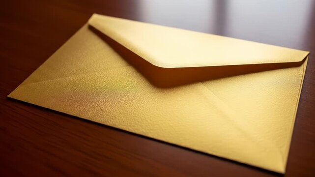 A hand holds a shiny, golden envelope, laying on a wooden surface. Soft lighting