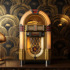 Art Deco Juke Box With Retro Gold Wallpaper Walls