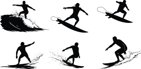 Obraz premium Surfing silhouettes vector illustration of surfers riding ocean waves performing tricks and stunts, extreme water sports lifestyle design for summer adventure
