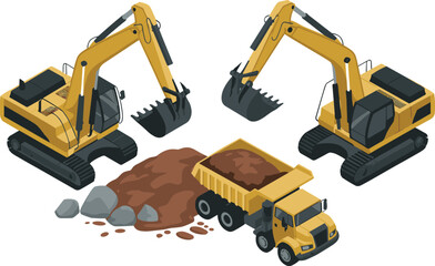 Isometric illustration of yellow excavator and dump truck working together on construction site loading and transporting soil and rocks