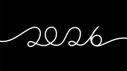 Continuous Line Art of 2026, Minimalist New Year Typography Design white line on black background