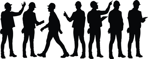 Silhouette of construction workers wearing safety helmets discussing project plans, teamwork communication on building site, industrial engineering professionals collaboration concept illustration