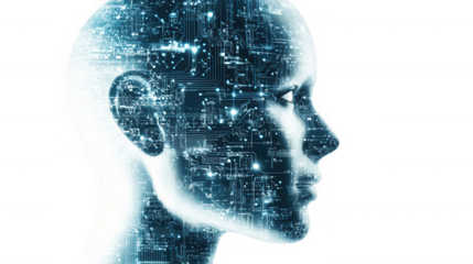 Human head silhouette filled with circuit board pattern on a black isolated background view from side on transparent background