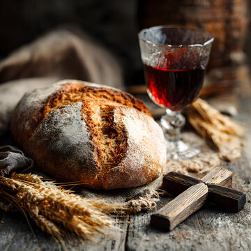 Holy Communion With Bread, Red Wine, And Wood Cross