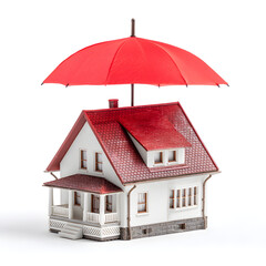 Home With A Red Umbrella Over It. A Home Insurance Policy Concept.