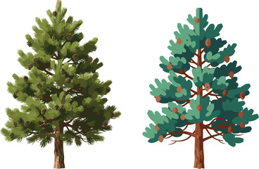 Two Pine Trees Illustration with Green Foliage and Brown Pine Cones, Suitable for Nature, Forest, Winter, and Outdoor Design Projects