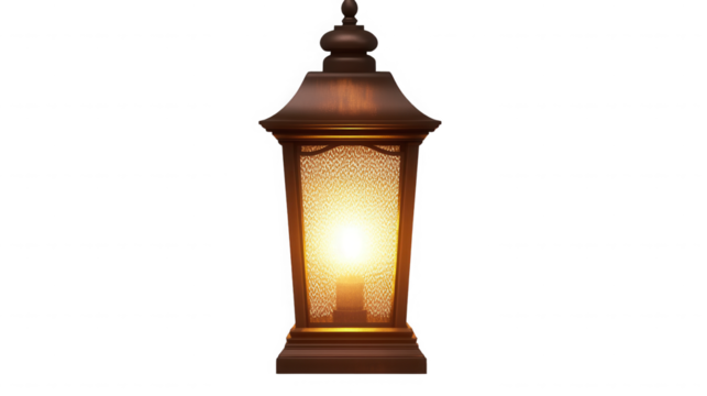 A dimly lit brown lantern with textured glass panels on a black background emitting a warm glow inside on transparent background - Powered by Adobe
